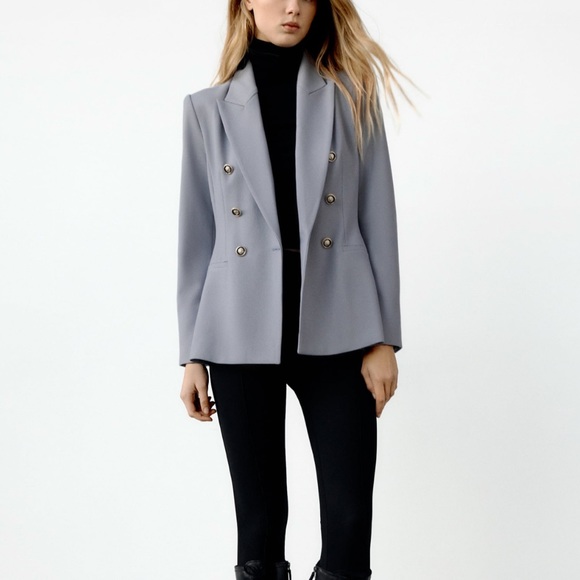 NWT Zara Double Breasted Blazer Light Blue Gold Buttons XS Work Office Business - Picture 4 of 9